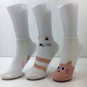 Womens Ankle Socks Set 3 Cat Print Stripes White Pink Black